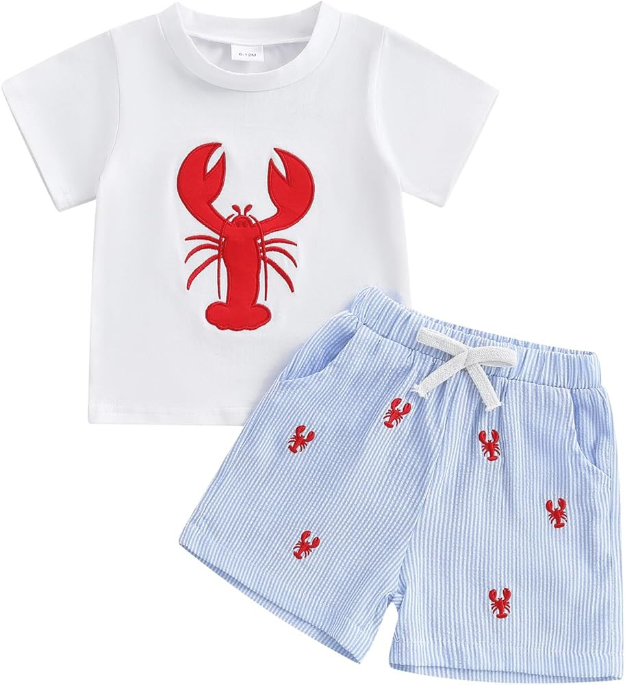 Muasaaluxi Toddler Baby Boy Summer Clothes Crawfish Embroidery Short Sleeve T-shirt Stripe Jogger... | Amazon (US)
