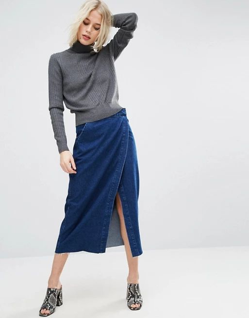 ASOS Denim Midi Wrap Skirt With Raw Hem in Dark Wash Blue | ASOS UK