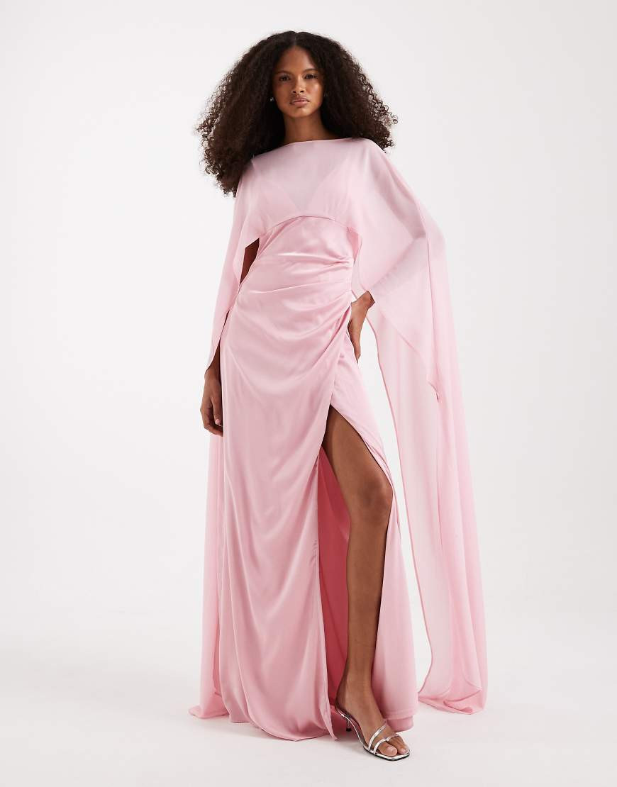 TFNC Bridesmaids satin maxi dress with mesh cape in pink | ASOS (Global)