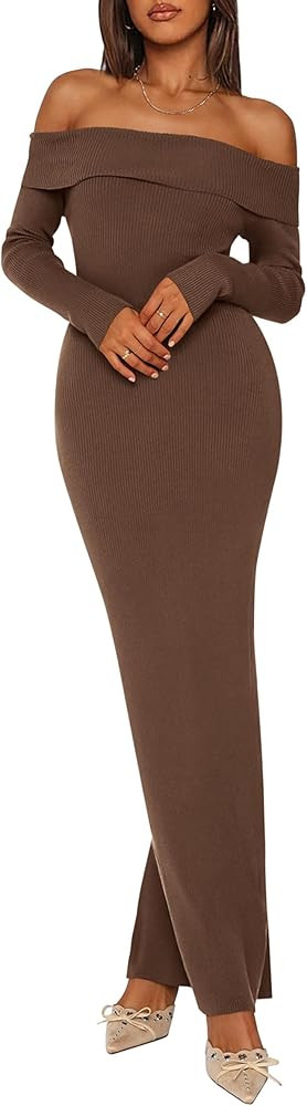 PRETTYGARDEN Women's Winter Sweater Dress Long Sleeve Off Shoulder Slit Maxi Bodycon Cocktail Par... | Amazon (US)