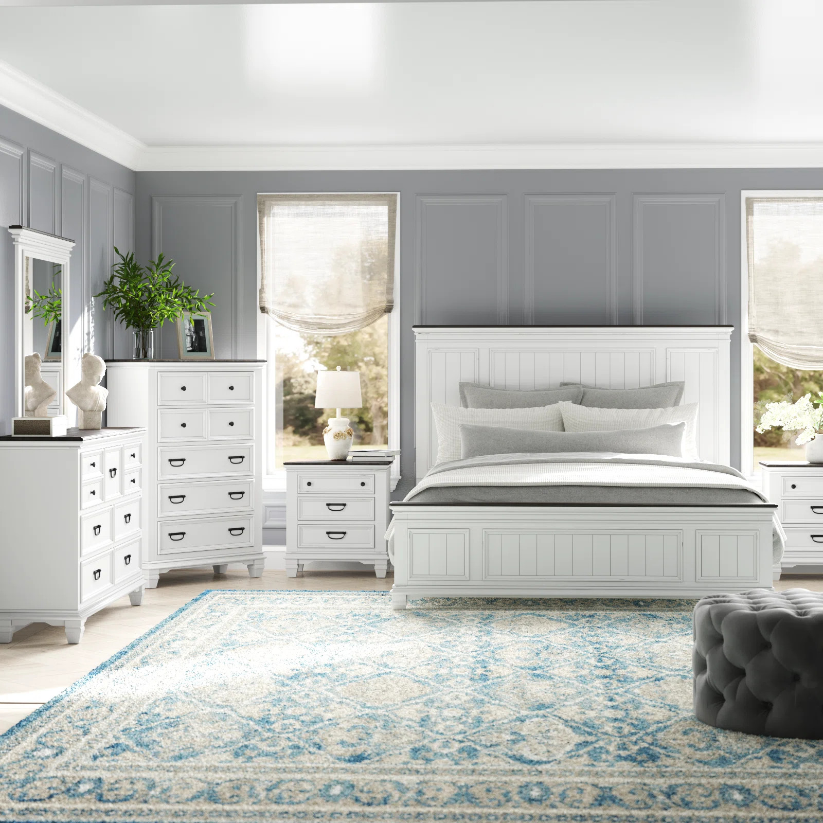 Semaj Wood Distressed Bedroom Set with Panel King Bed, Dresser, Mirror, 2 Nightstands, Chest | Wayfair North America