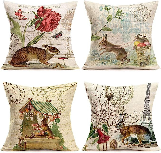 Xihomeli Happy Easter Decorative Set of 4 Throw Pillow Covers Cute Animal Rabbit Easter Eggs Cott... | Amazon (US)
