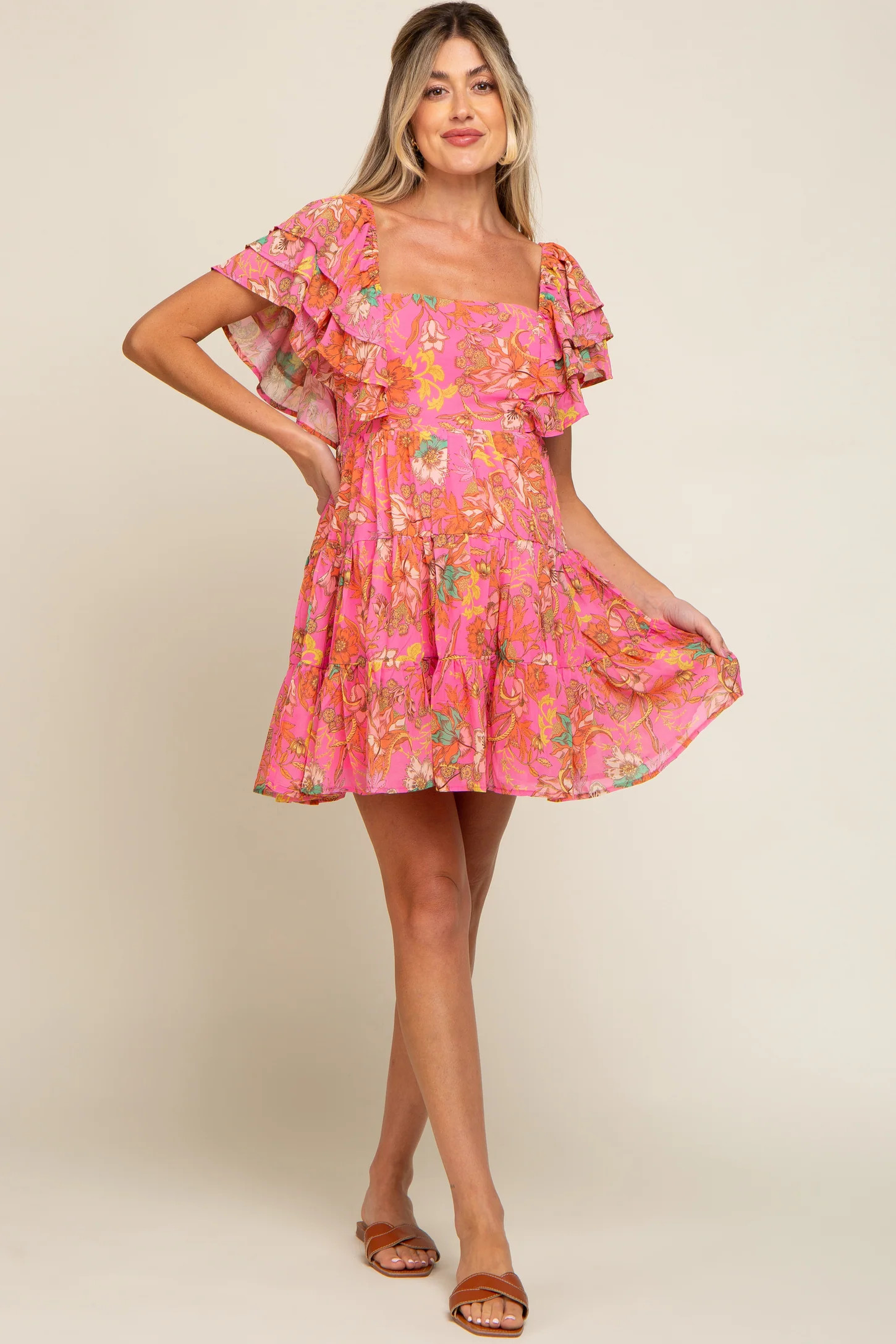 Fuchsia Floral Frill Sleeve Maternity Tiered Dress | PinkBlush Maternity