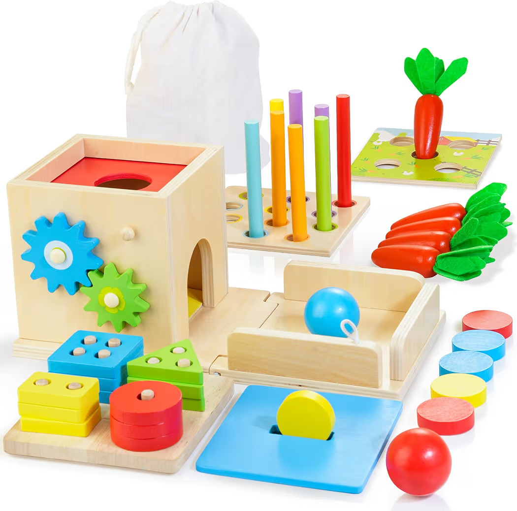 Kizfarm Wooden Montessori Baby Toys, 8-in-1 Wooden Play Kit Includes Object Permanent Box, Coin B... | Amazon (US)