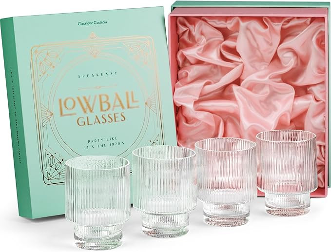 GLASSIQUE CADEAU Vintage Art Deco Ribbed Lowball Cocktail Glasses | Set of 4 | 12 oz Crystal Doub... | Amazon (US)