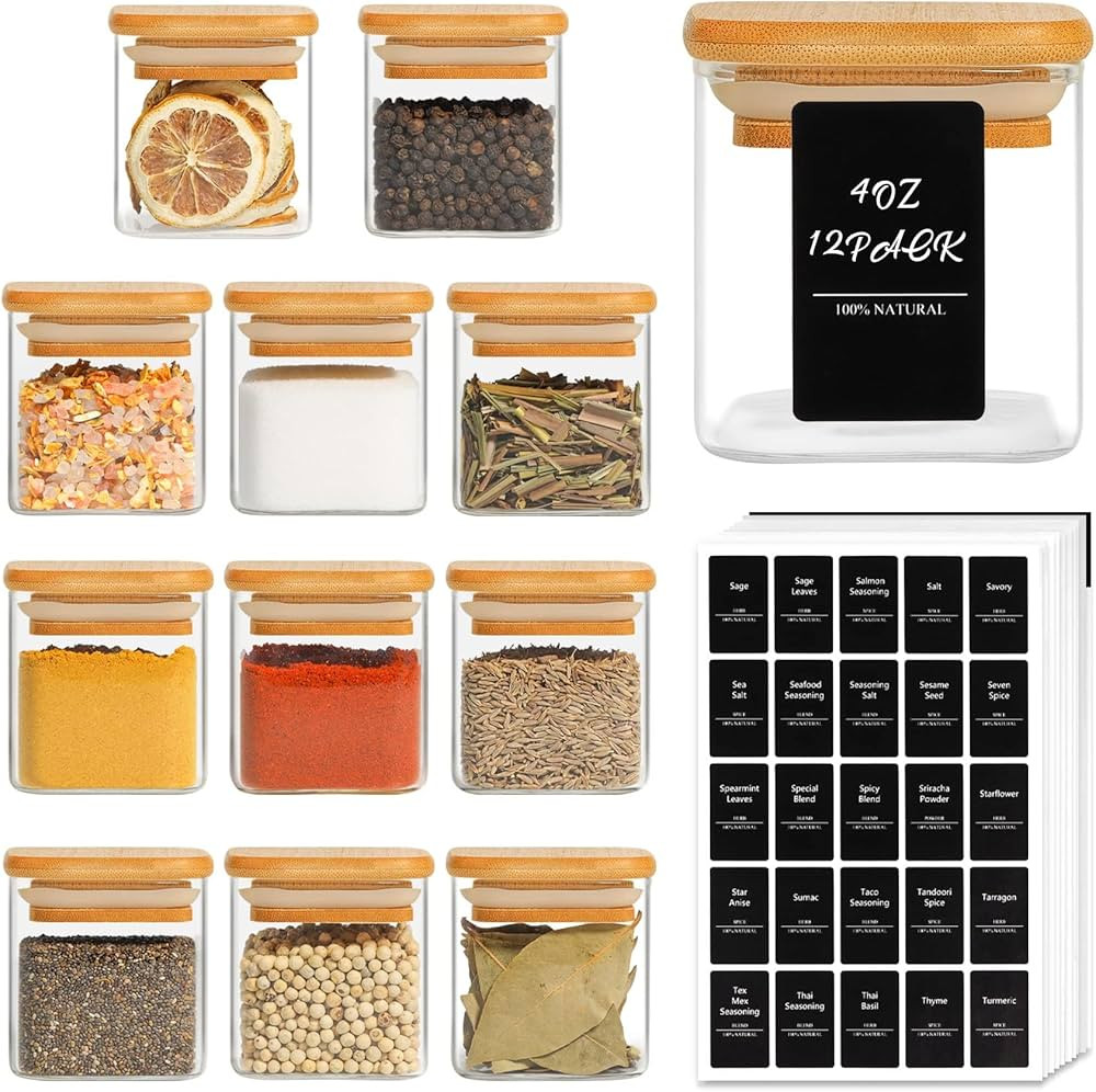 ComSaf 12 Pcs Glass Spice Jars with Bamboo Lids, 4oz/120ml Square Glass Storage Jars with 275 Bla... | Amazon (UK)