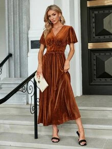 Simplee Solid V Neck Butterfly Dress | SHEIN