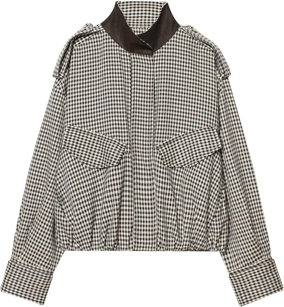 Xunger Women\u2019s Plaid Bomber Jacket High Neck Color Block Coat Casual Long Sleeve Streetwear ... | Amazon (US)