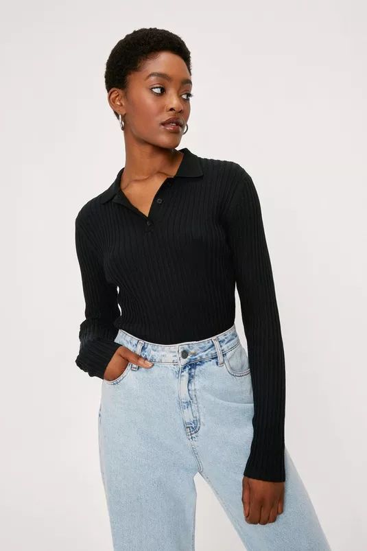 Button Collar Ribbed Knitted Top | Nasty Gal (US)