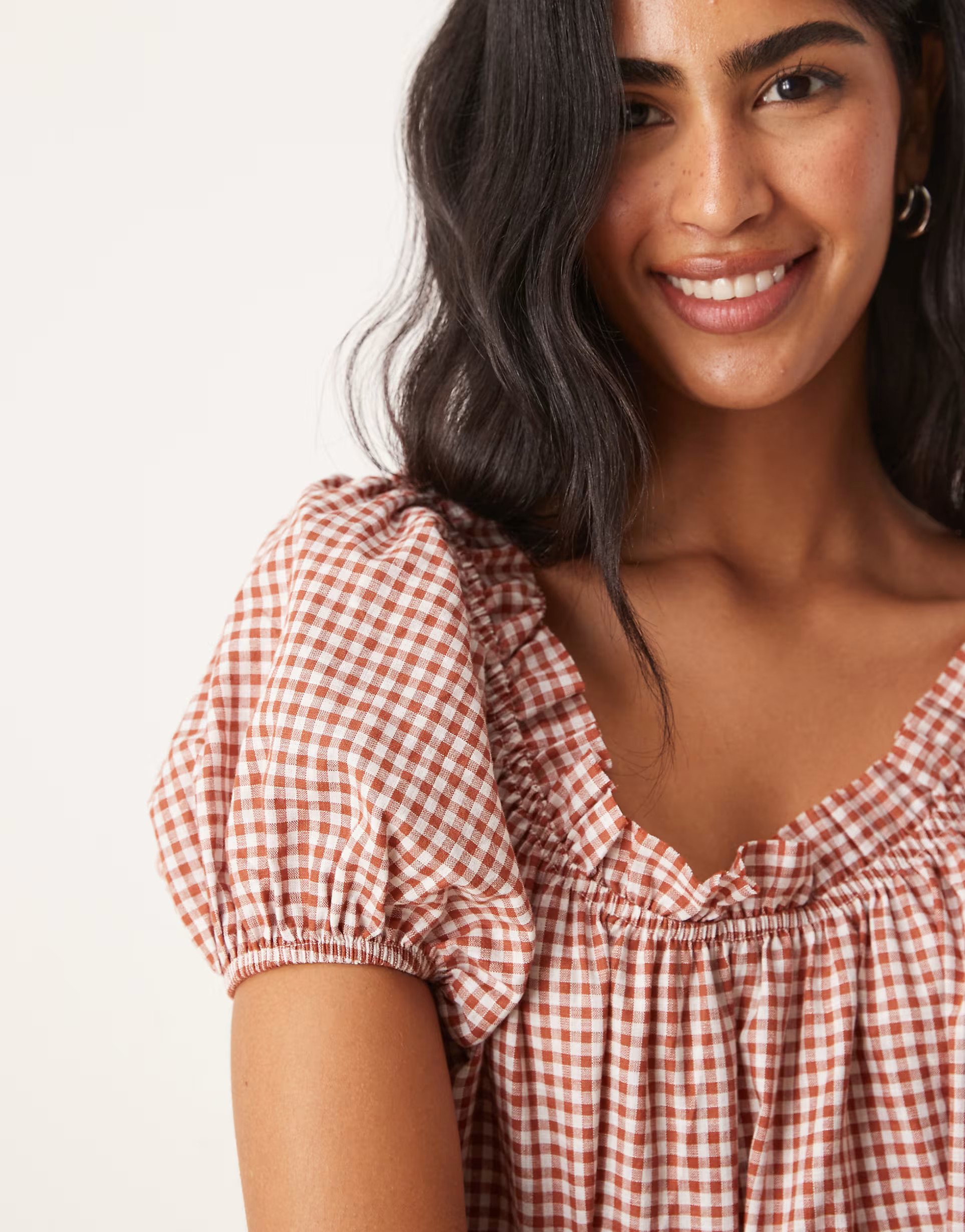 ASOS DESIGN scoop neck swing mini dress with puff sleeve in chocolate gingham | ASOS | ASOS (Global)