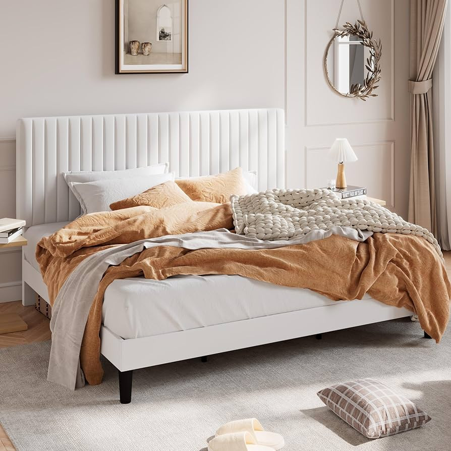 SHA CERLIN King Upholstered Platform Bed Frame with Vertical Channel Tufted Velvet Fabric Adjusta... | Amazon (US)