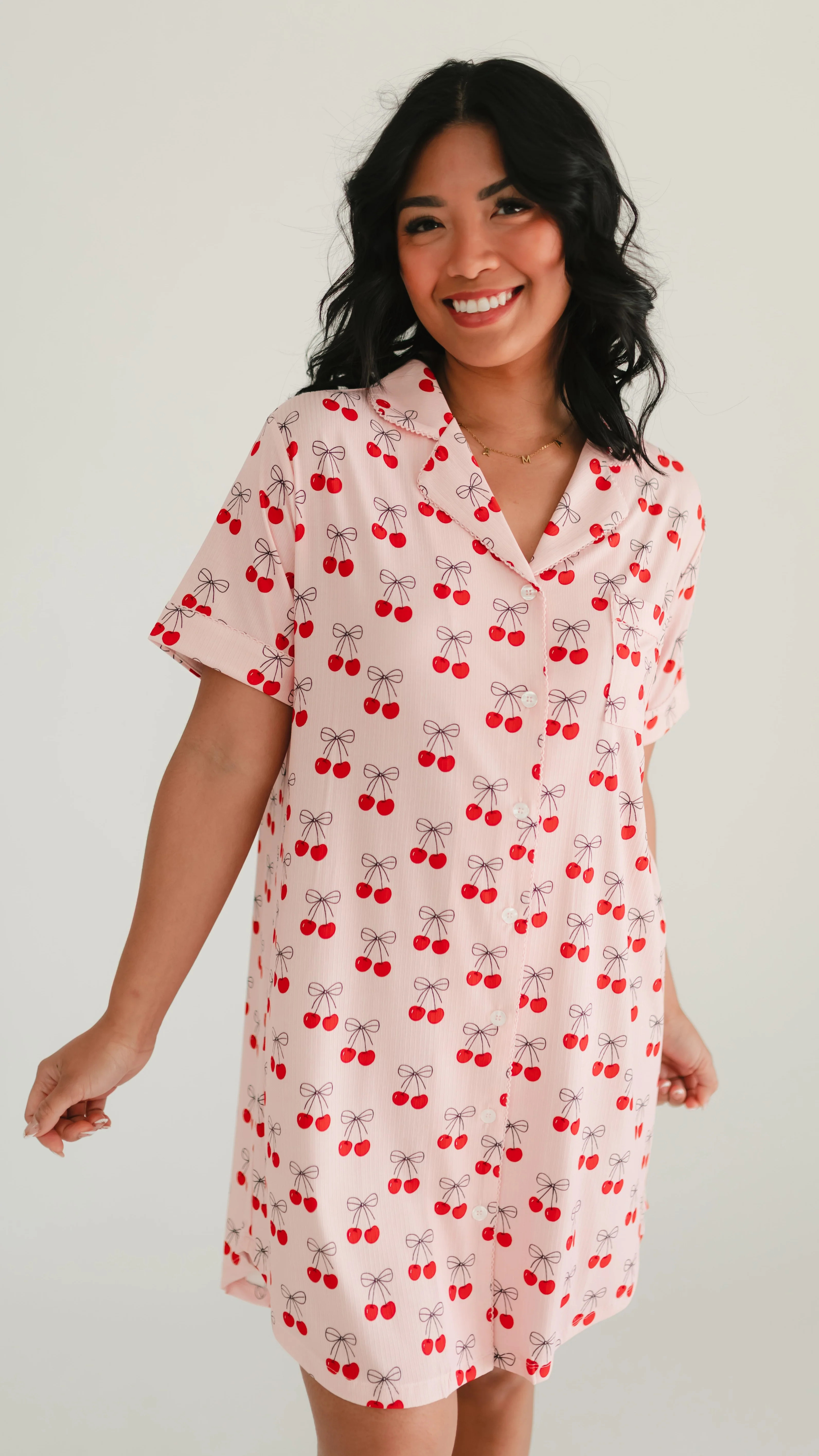 Women's Ribbed Button Down Dress In Pink Cherry Bows | Silks Design