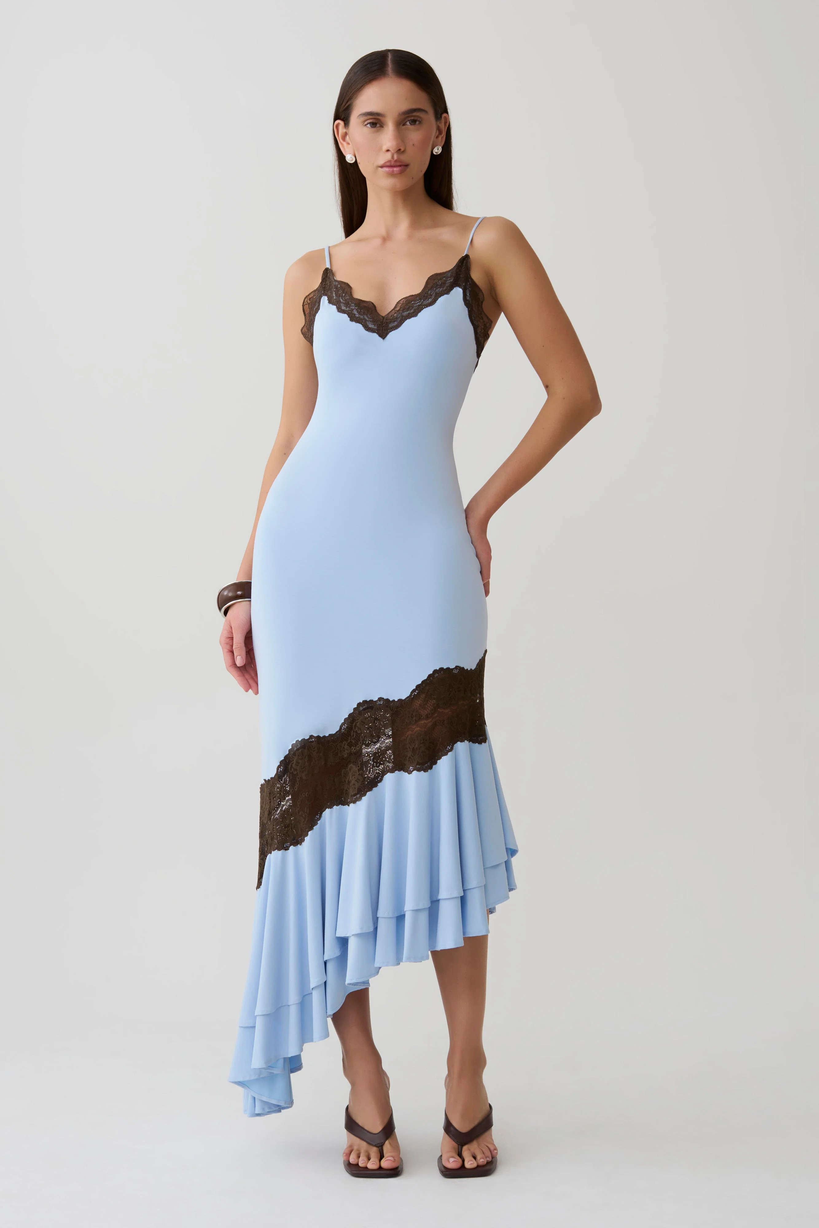 Annis Frilled Hem Lace Midi Dress - Cornflower/Chocolate | Meshki UK