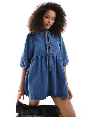 ASOS DESIGN denim puff sleeve mini dress in light blue | ASOS (Global)