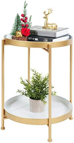 Metal End Table 2-Tier Side Table Round Coffee Table for Sofa Living Room Tea Table (White-Gold) | Amazon (US)
