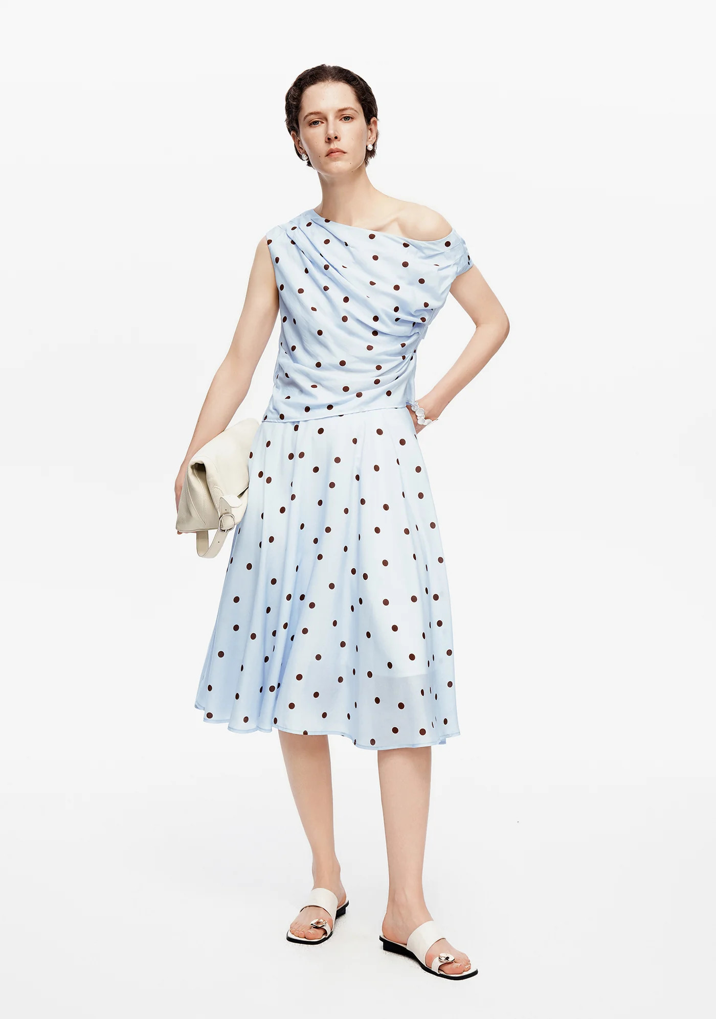 Tencel-Linen Blend  French-Style Off-Shoulder Polka-Dot Vest & SKIRT Set | SELFWHO