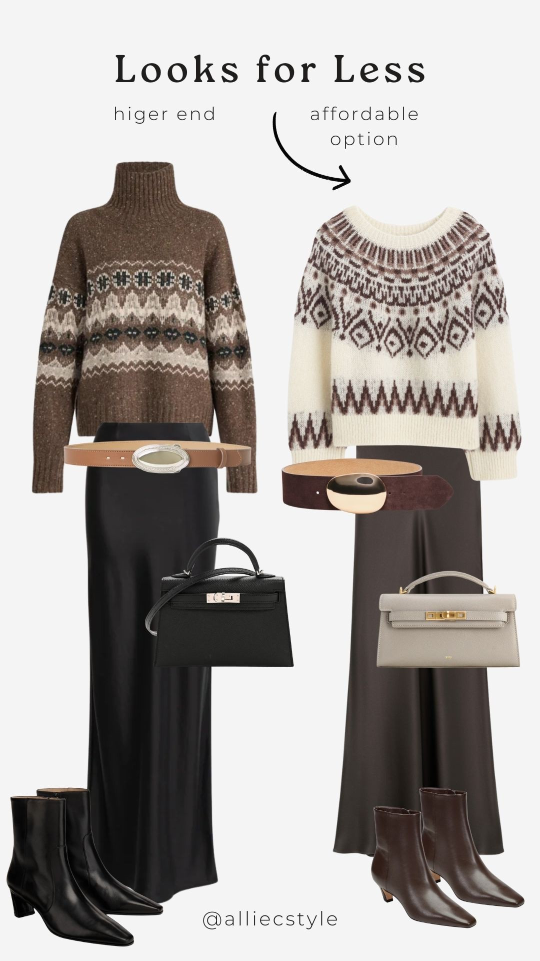 Look for less - satin maxi skirt with a fairisle sweater, belt, and boots!

#LTKootd #LTKSeasonal