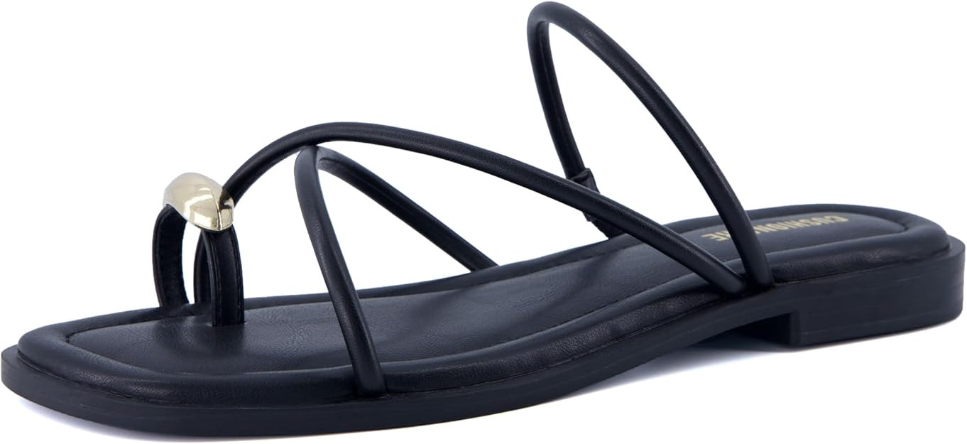 CUSHIONAIRE Venue Women’s Strappy Toe-Loop Slide Sandals with Gold-Tone Accent & Memory Foam Co... | Amazon (US)