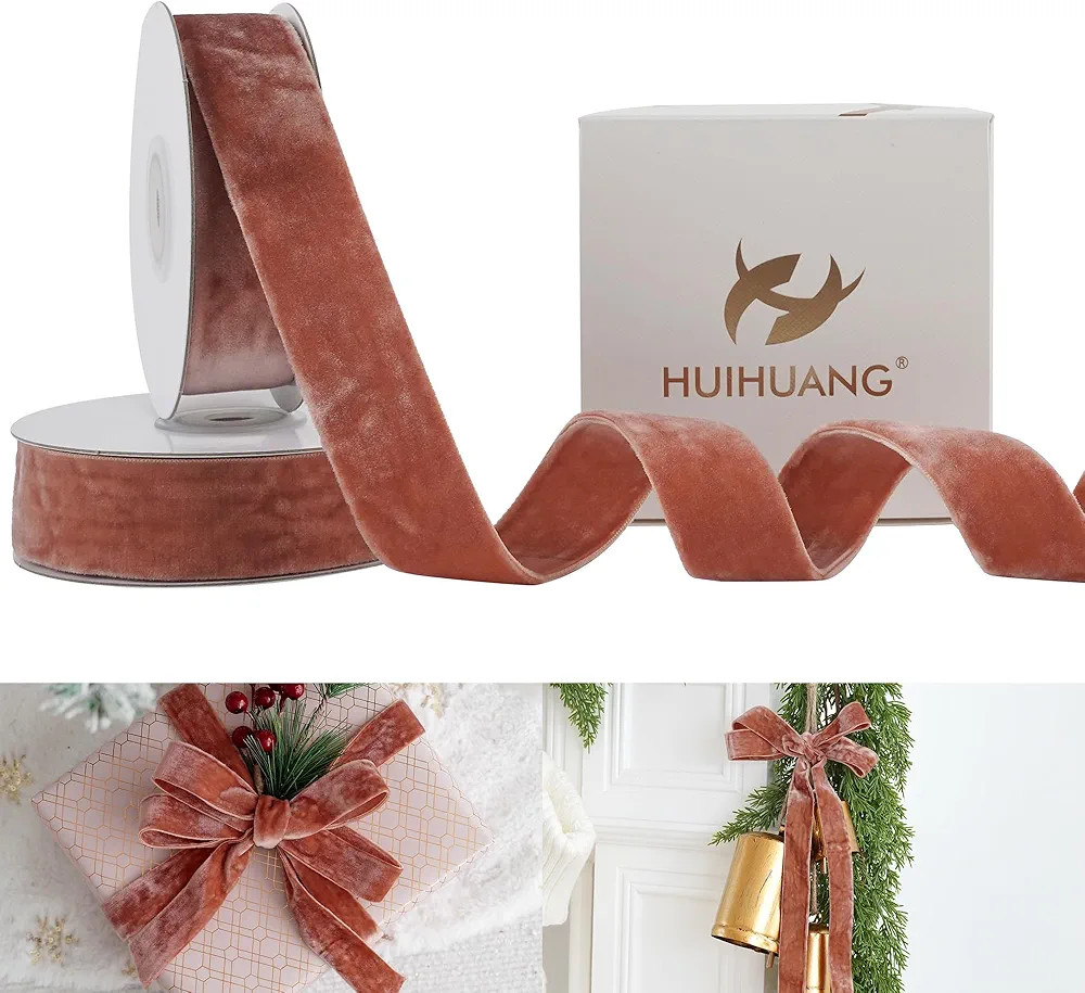 HUIHUANG Velvet Ribbon 1 inch Rose Gold Double Face Thick Velvet Ribbon Rose Gold Velvet Ribbon f... | Amazon (US)
