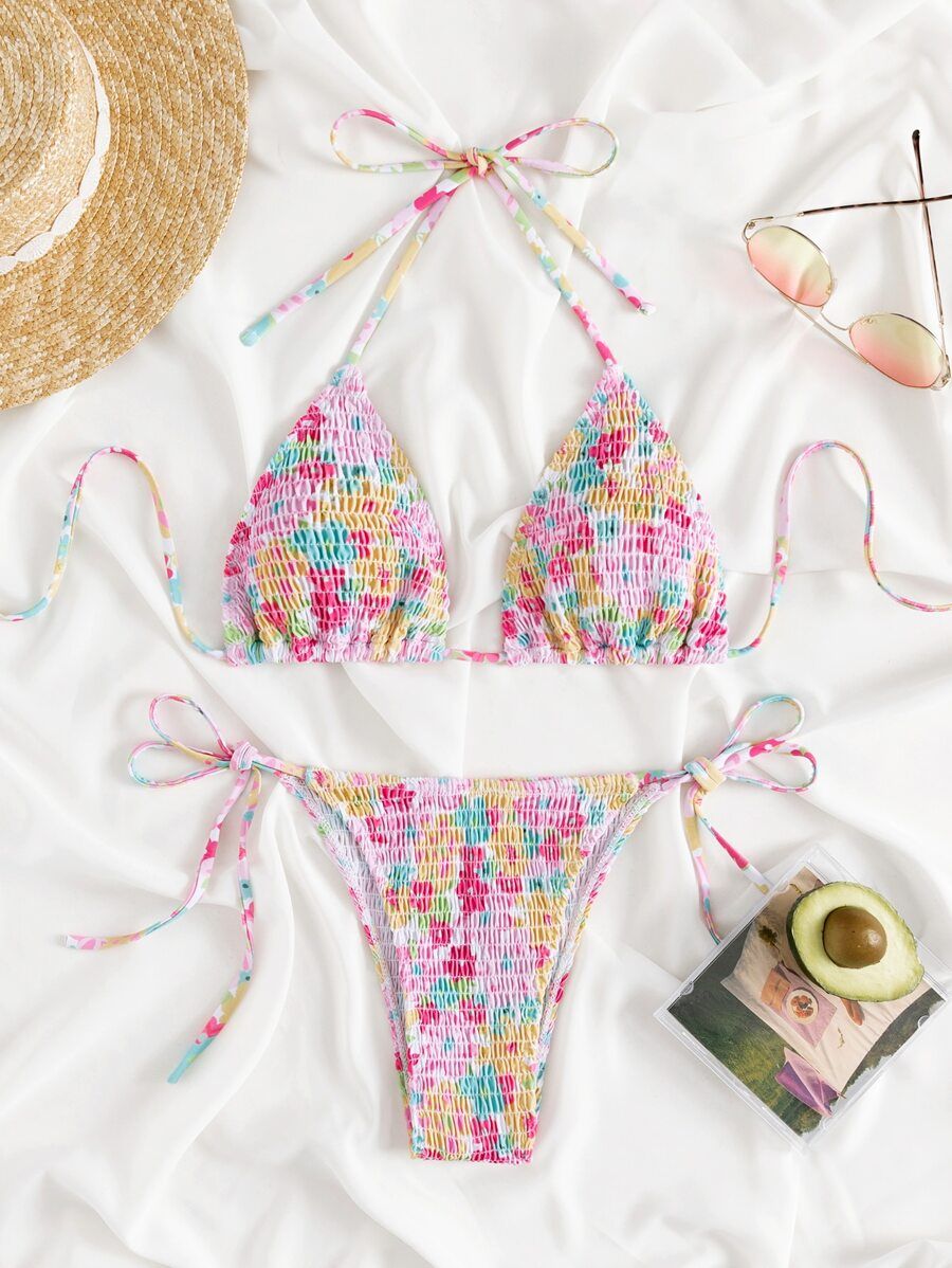 Random Floral Print Halter Smocked Tie Side Bikini Swimsuit SKU: sw2202225661603474(500+ Reviews)... | SHEIN