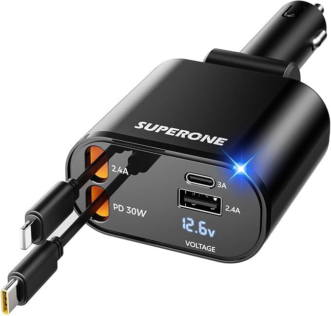 【Upgraded】 SUPERONE Retractable Car Charger 4 in 1, Fast Car Phone Charger with Cord 2.6ft, U... | Amazon (US)