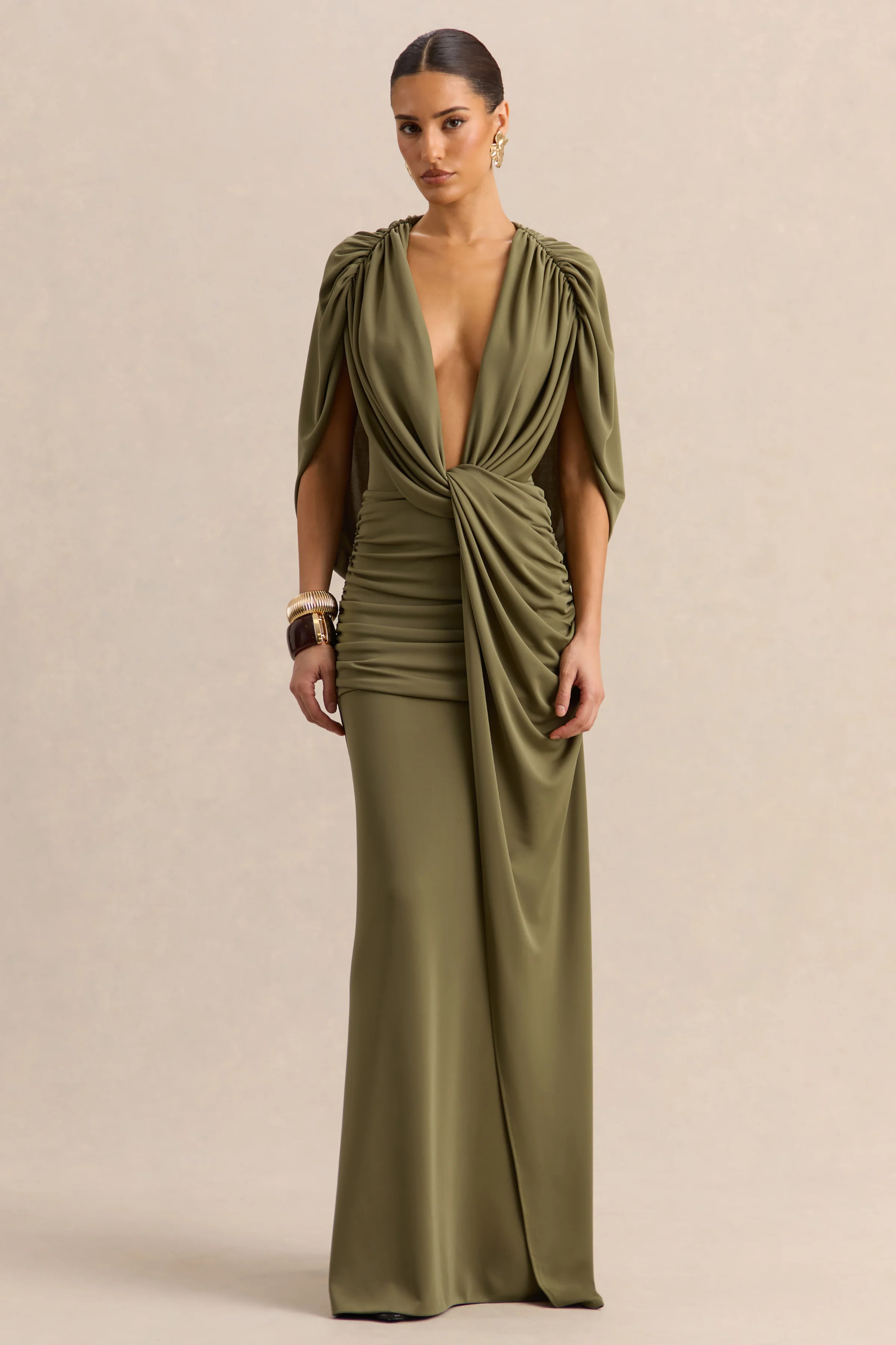Marisea | Green Plunge-Neck Maxi Dress With Cape-Sleeves | Club L London