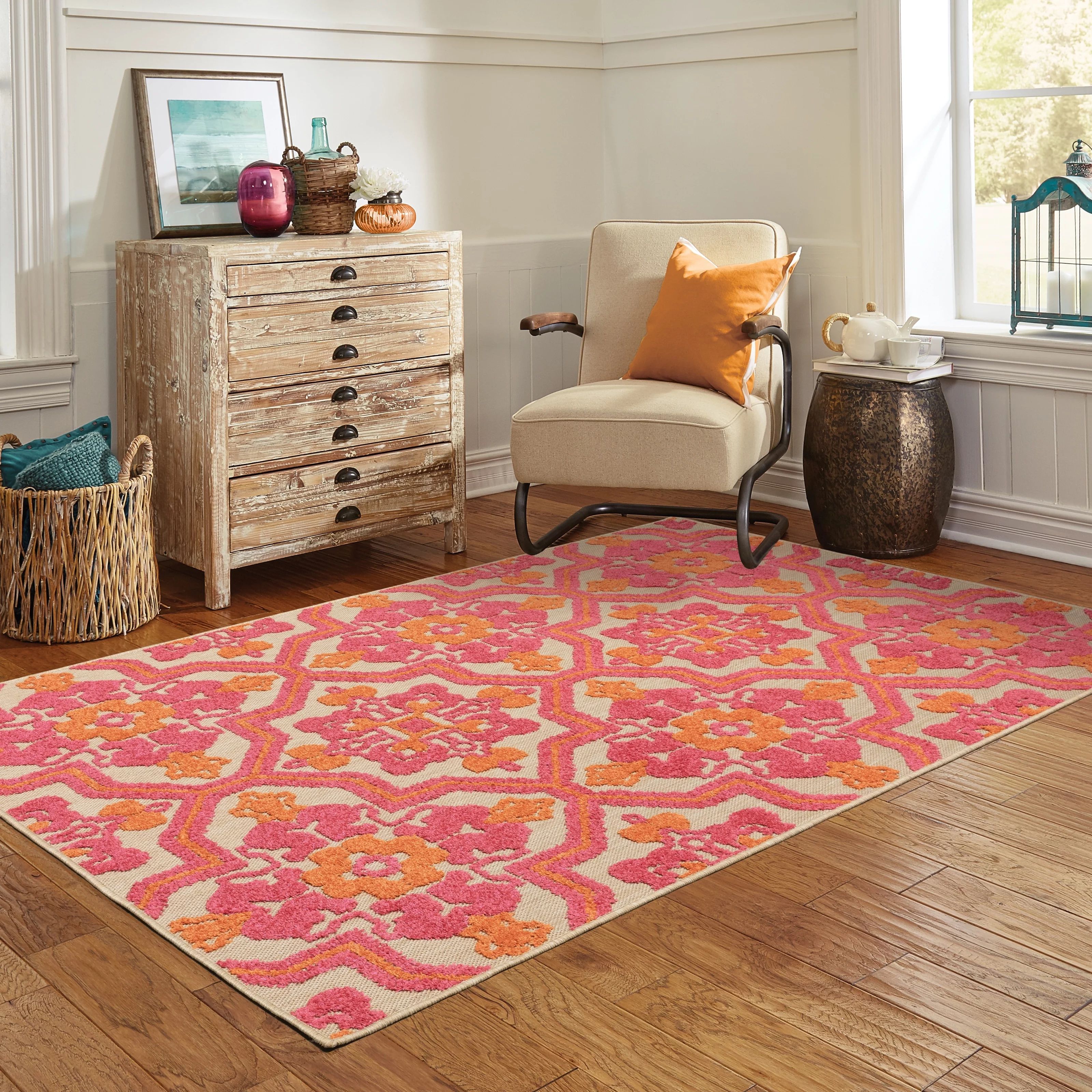 Style Haven Cara Mixed Pile Ornate Floral Medallions Indoor/ Outdoor Area Rug Pink/Orange 7'10" x... | Walmart (US)