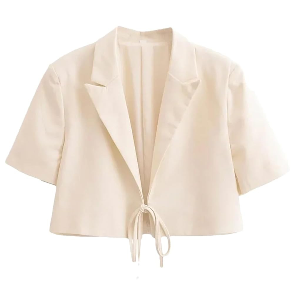 Women Office Wear Cropped Blazer Tied Short Sleeve Solid V-Neck Casual Blazer Jacket | Amazon (US)