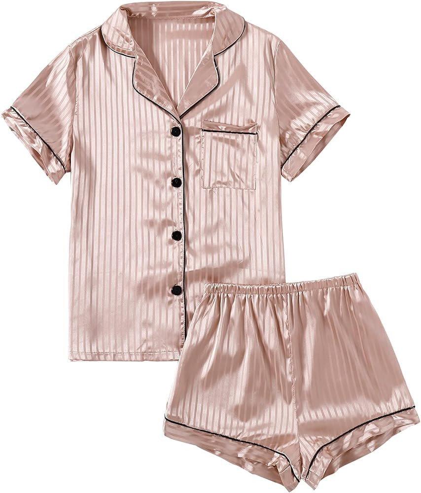 LYANER Women's Striped Silky Satin Pajamas Short Sleeve Top with Shorts Sleepwear PJ Set | Amazon (US)