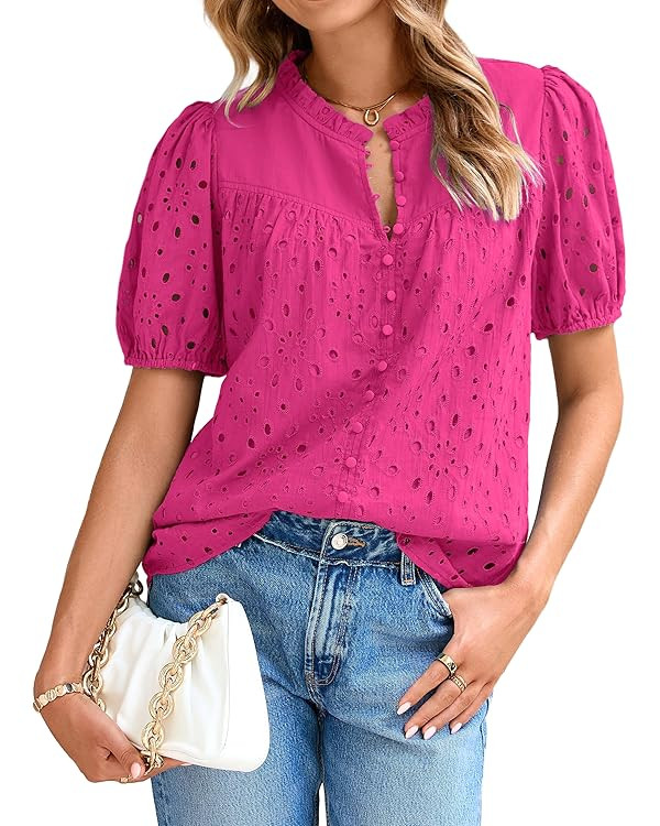 Glamaker Womens Summer Tops Blouse 2025 Casual Eyelet Embroidered Short Puff Sleeve Lace Hollow O... | Amazon (US)