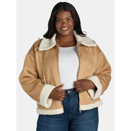 Time and Tru Women s and Women s Plus Bonded Faux Shearling Bomber Jacket Sizes XS-3X | Walmart (US)
