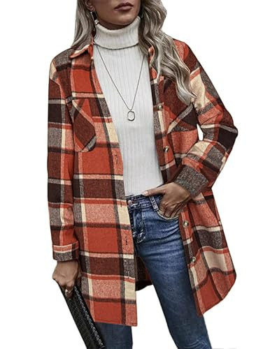 HOTOUCH Fall Flannel Shirts for Women 2023 Casual Plaid Button Down Shacket Jacket Tops with Pockets Long Sleeve Coat Tops Loose Fit Outerwear (Orange M) | Amazon (US)