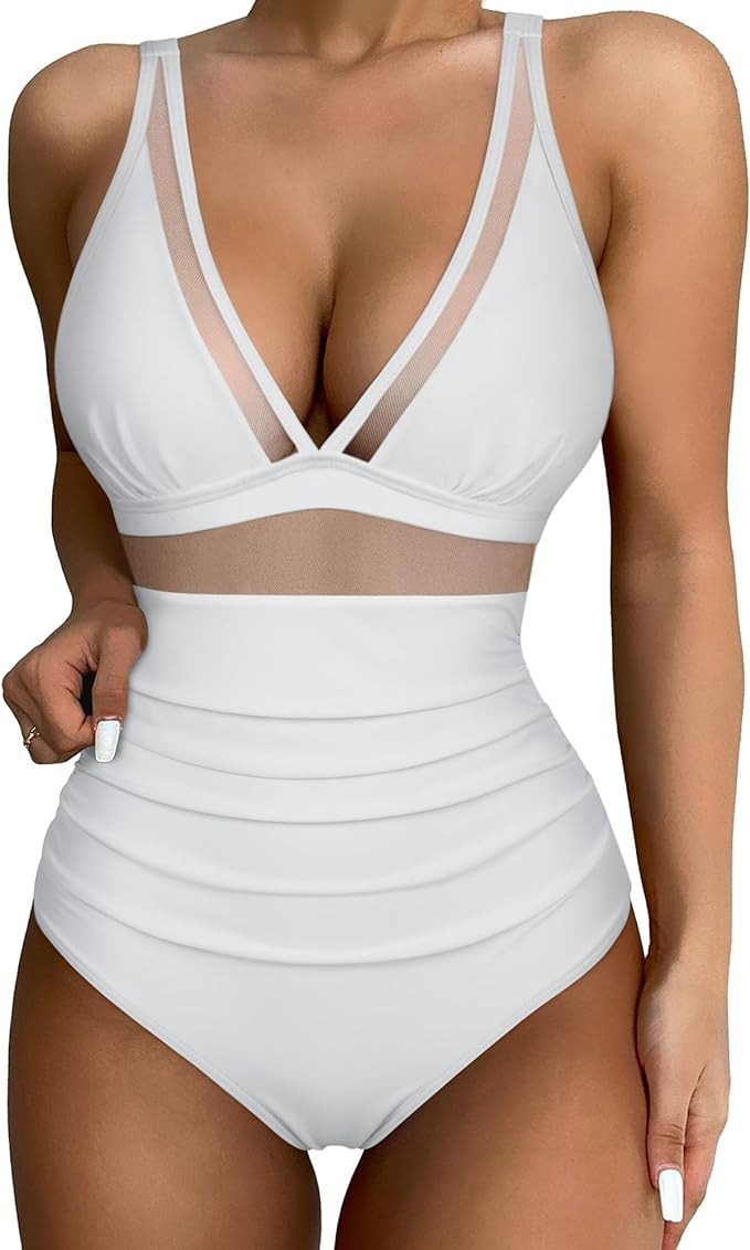 SUUKSESS Women Sexy Mesh Tummy Control Swimsuit Push Up High Waisted Bathing Suit | Amazon (US)