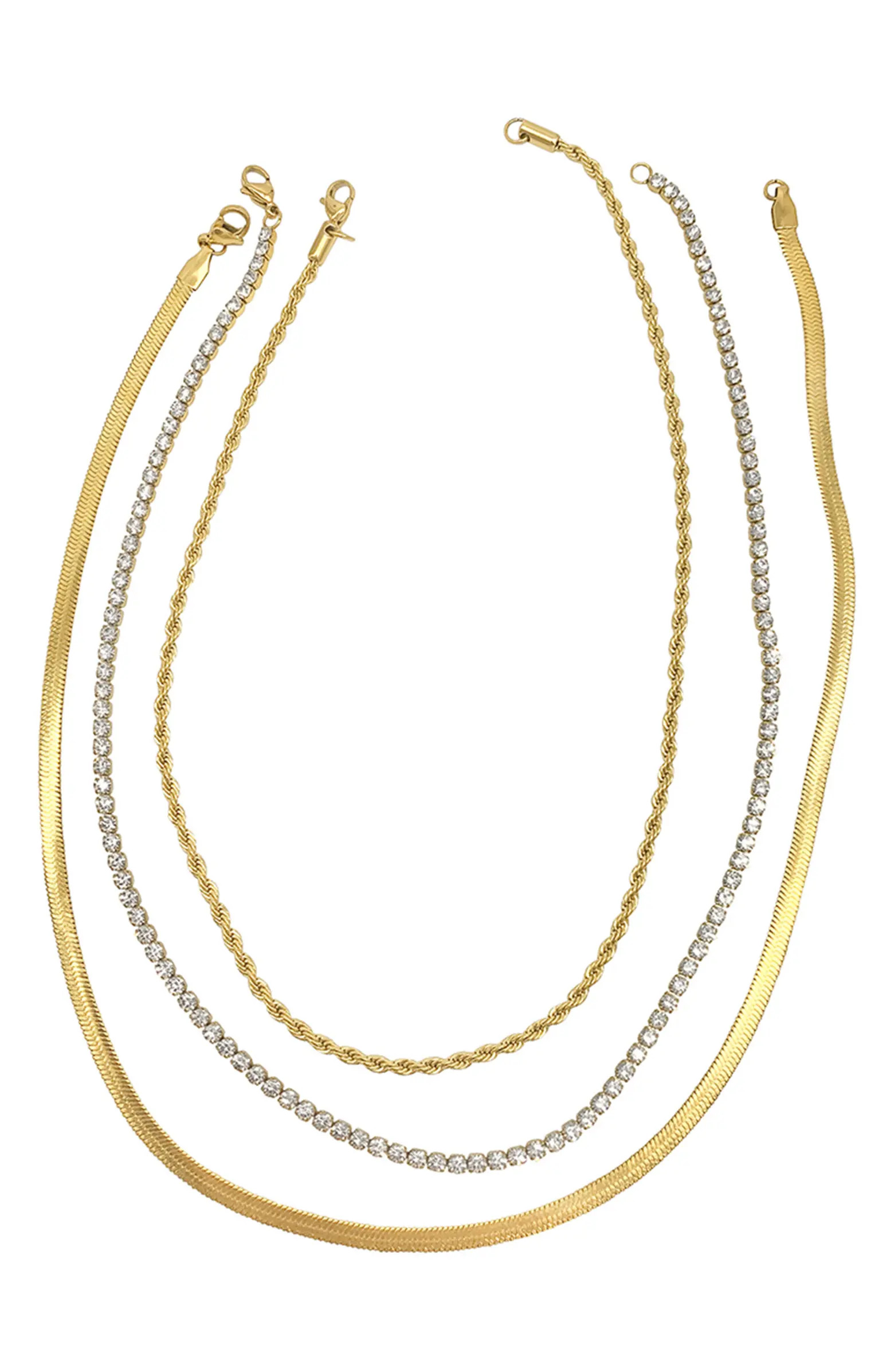 Water Resistant 14K Yellow Gold Plated Herringbone, Rope, & Tennis Chain Necklace Set | Nordstrom Rack
