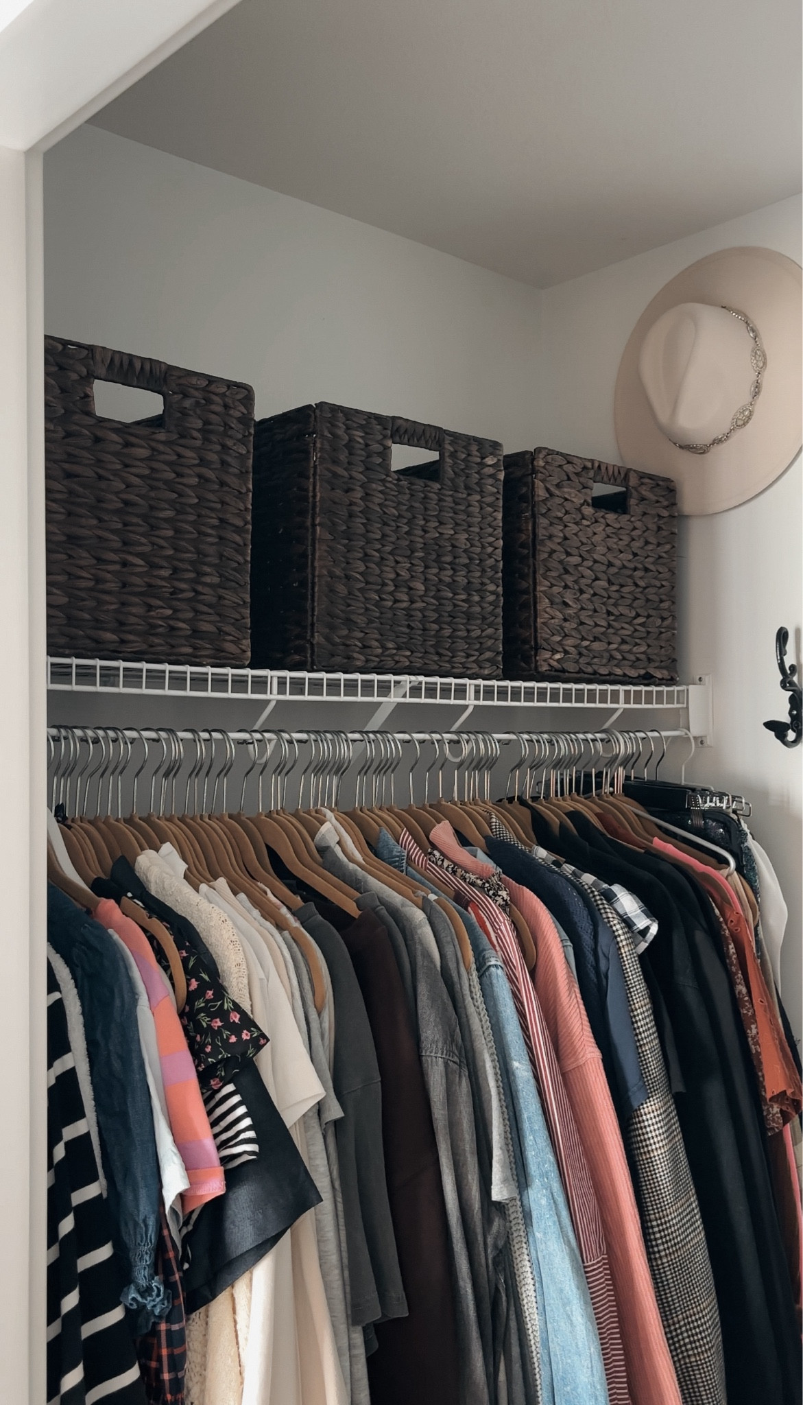 Are these not the most beautiful closet storage bins from @wayfair?! Actually, they could be used for toy storage, book storage, clothing storage, or anything really. Besides the fact that they are affordable, I love that they have handles, a reinforced hard frame, are collapsible, and are aesthetic! ❤️ I’ve been tackling our closet storage problem, and these baskets fit perfectly on the standard wire shelves that many of us have in our closets. I got the dark brown color, but they also come in a natural wicker finish #wayfair #wayfairpartner 


#LTKHome #LTKSaleAlert #LTKFindsUnder50