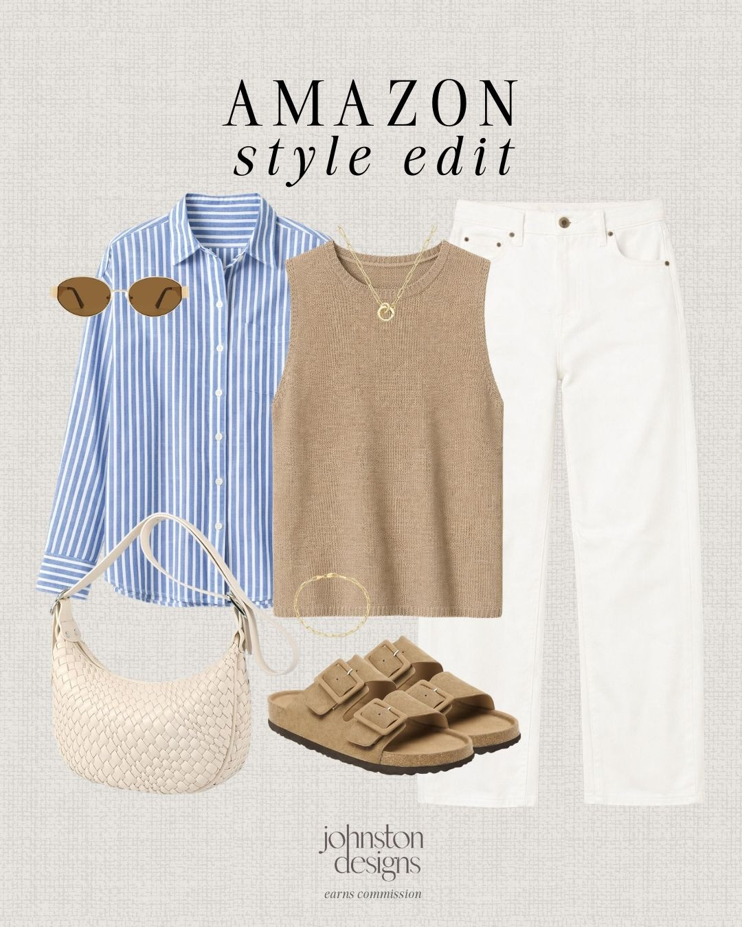 Easy neutral Amazon outfit for everyday errands, travel days, and casual spring style. 🤍

Amazon fashion finds, Amazon style edit, Amazon outfit ideas, neutral outfit inspiration, casual spring outfit, white straight leg jeans, striped button down shirt, knit sleeveless sweater, woven shoulder bag, women’s summer sandals, everyday casual outfit, minimalist outfit ideas, affordable Amazon fashion, classic neutral style 

 #LTKootd #LTKSeasonal