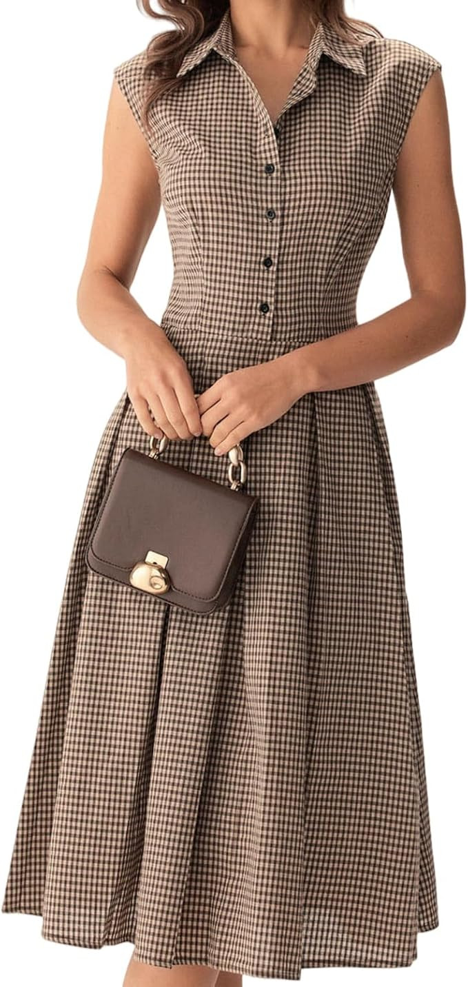 RIHOAS Women's Brown Plaid Dress Button Up Pleated Midi Dress Work Casual Premium Dresses | Amazon (US)