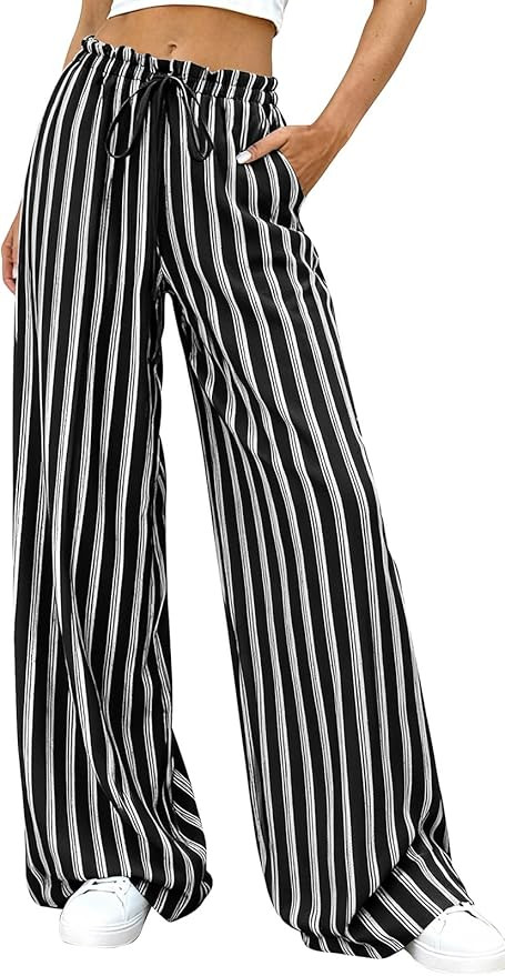 PRETTYGARDEN Women's Wide Leg Palazzo Pants Dressy Casual Striped Y2K Baggy Trousers High Waisted... | Amazon (US)