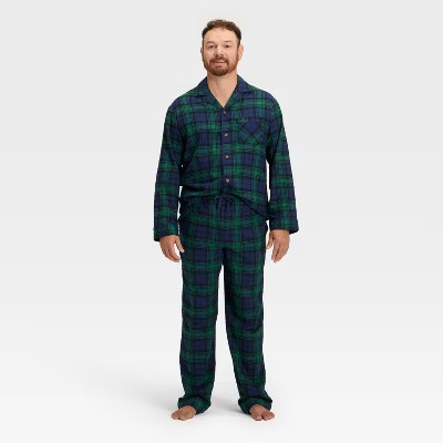 Men's Plaid Flannel Long Sleeve Shirt and Pants Holiday Matching Family Pajama Set - Wondershop™ Navy Blue XL | Target