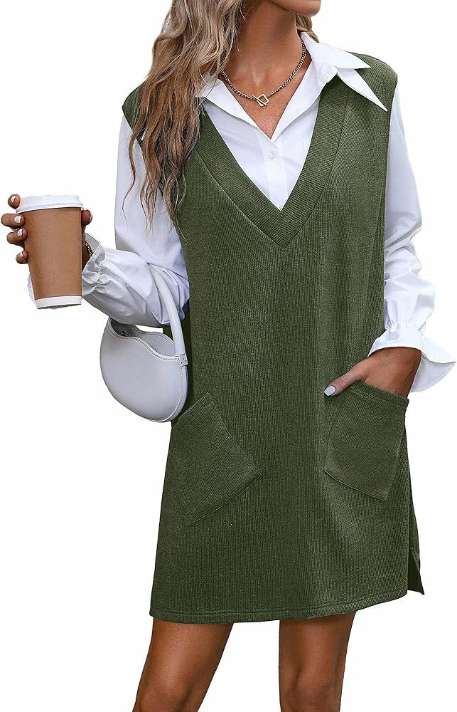 VETIOR Winter Women's Overall Sweater Vest Dresses V Neck Sleeveless Winter Pinafore Dress with P... | Amazon (US)