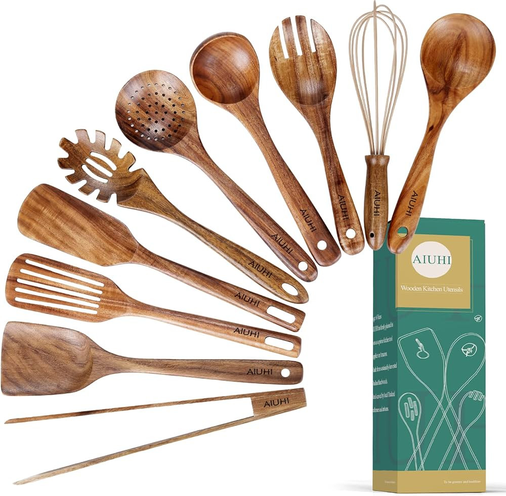 10 Pack Wooden Utensils for Cooking, Wood Utensil Set for Kitchen, Teak Wooden Spoon for Cooking,... | Amazon (US)