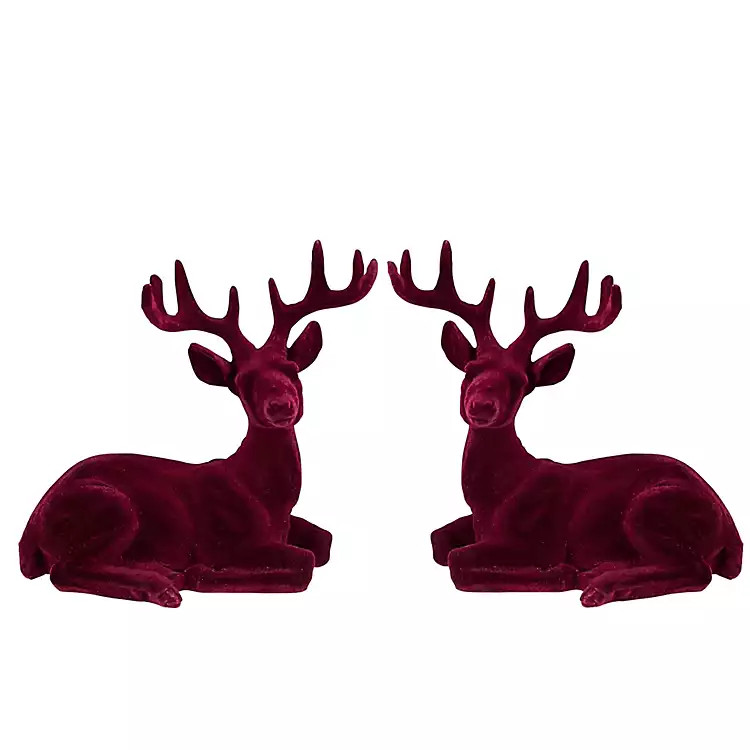 Velvet Burgundy Sitting Reindeer Statues, Set of 2 | Kirkland's Home