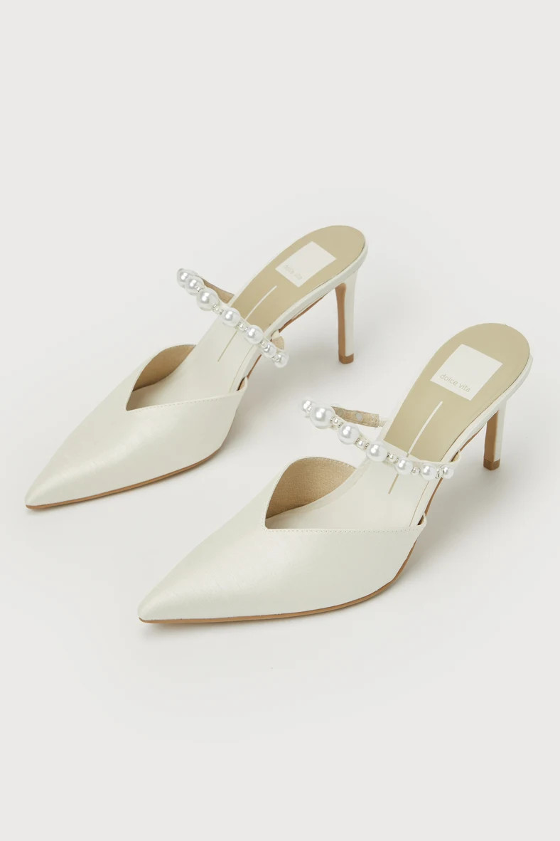Kanika Vanilla Satin Pearl Pointed-Toe Mule Pumps | Lulus