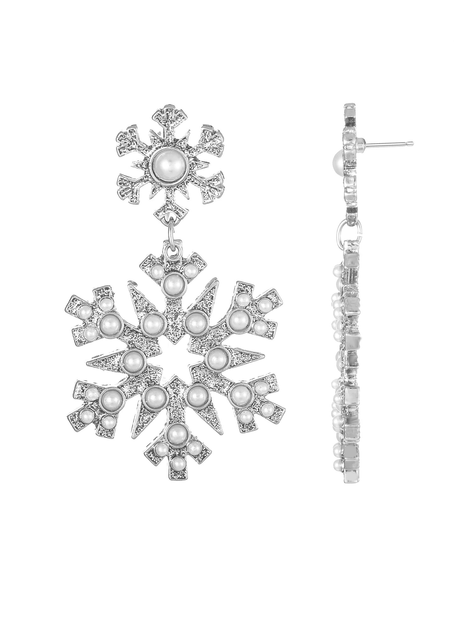Holiday Time Silvertone Snowflake Earrings, Simulated Pearl, 1 Pair | Walmart (US)