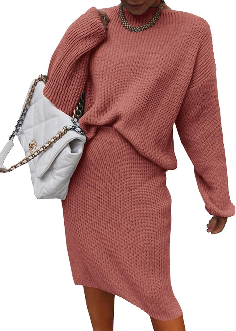 Women's 2 Piece Skirts Outfits Long Sleeve Knit Pullover Split Bodycon Midi Skirt Fall Winter Swe... | Amazon (US)