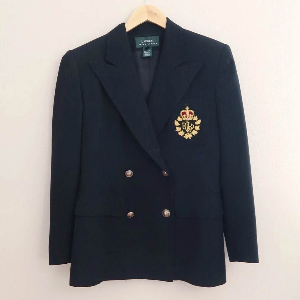 Vintage Ralph Lauren Women’s Double Breasted Crest Wool Blazer Black Size 4  | eBay | eBay US
