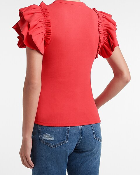 Ribbed Ruffle Sleeve Tee | Express