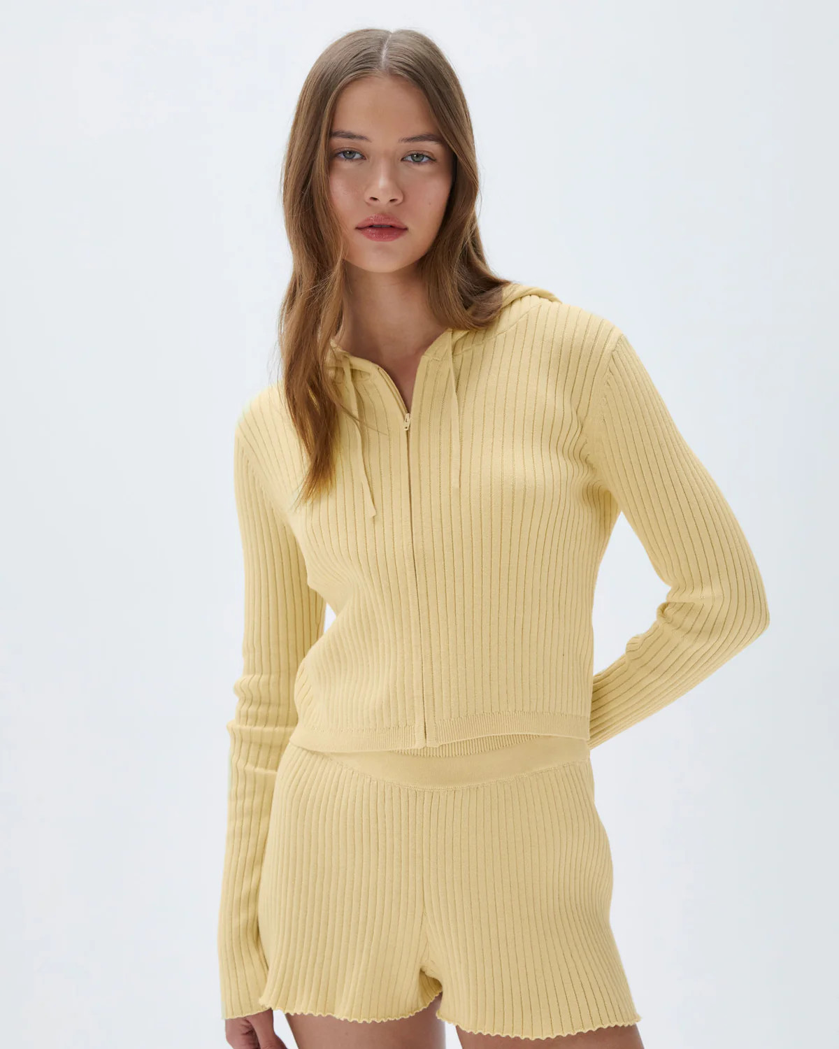 Rib Knit Zip Crop Hoodie - Lemon Yellow | Adanola UK