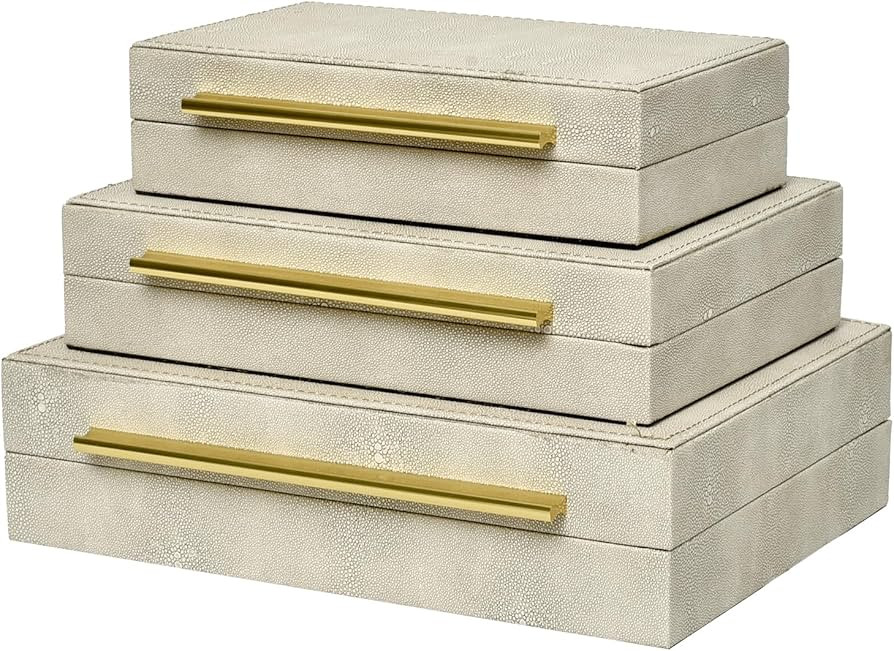 Faux Shagreen Leather Jewelry Storage Boxes Set of 3 with Gold Handles, Velvet Lined Stackable Or... | Amazon (US)