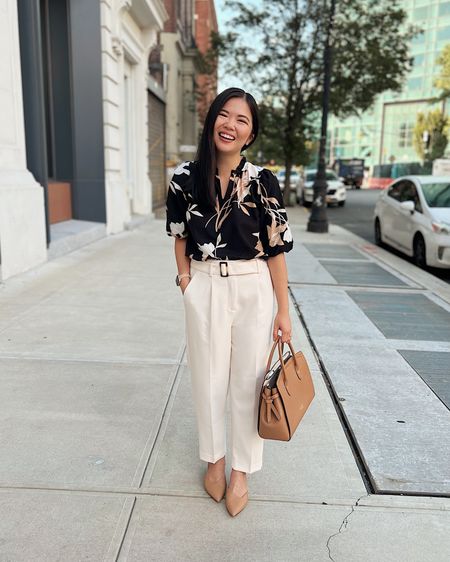Black floral blouse with puff sleeves (XS)
Cream pants  (4P)
Kate Spade Knott satchel bag
Tan tote bag 
Tan work bag 
Brown mule pumps (TTS)
Business casual outfit 
Smart casual outfit 
Teacher outfit 
Neutral work outfit 
Ann Taylor outfit 

#LTKworkwear #LTKunder100 #LTKstyletip